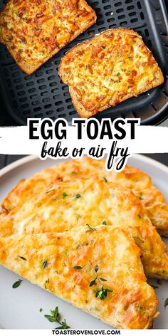 Cooked toasts in an air fryer basked and baked cheese toast slices on a plate. Toaster, Toast, Brunch, Egg Fried Bread, Egg Toast Breakfast, Egg And Cheese