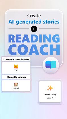 the front cover of an interactive reading coach app, with text and icons on it
