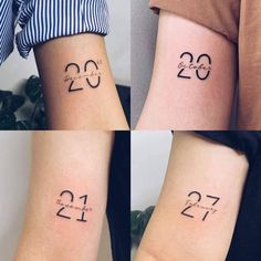three different tattoos on the arms of people with numbers and dates tattooed on their arm
