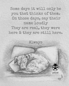 a drawing of a dog sleeping on a bed with the words, some days it will only be you that thinks of them