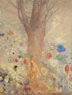 a painting with an image of a woman sitting under a tree in the middle of flowers
