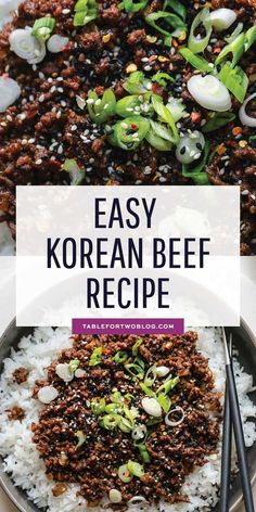 an easy korean beef recipe with white rice and green onions in the middle, on a plate