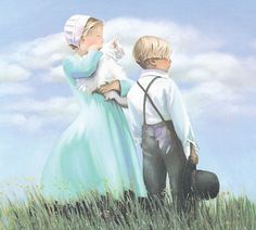 a painting of two children standing next to each other in the grass with clouds behind them