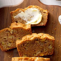 slices of banana bread on a cutting board with butter and yogurt in the middle