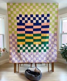 a large colorful quilt on display in a room with two potted plants and windows
