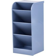 a blue shelf with three compartments on each side