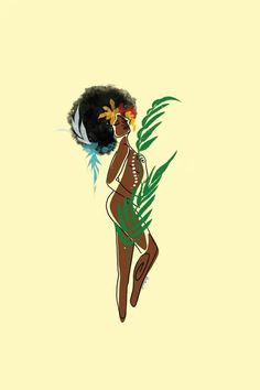 an illustration of a woman with feathers on her head and palm leaves in her hair