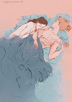 a drawing of two people laying on a bed next to each other, one is sleeping
