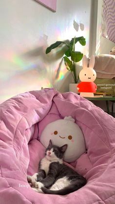 a cat laying on top of a pink bed next to a white stuffed animal toy