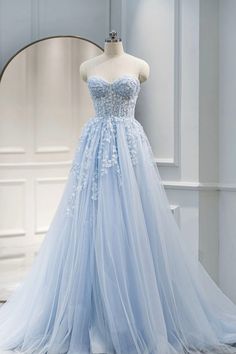 Blue Sweetheart Neck Lace Floor Length Prom Dress Pink, Tulle, Dresses, Prom Dresses, Prom, Mode Wanita, Blonde, Bal, Robe