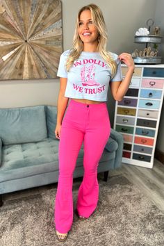 Trousers, Cowgirl Outfits, Bell Bottom Pants, Hot Pink Pants, Pink Pants Outfit, Flare Jeans Outfit, Flared Pants Outfit, Pink Jeans Outfit