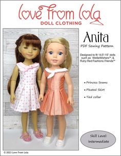 two dolls standing next to each other in front of a white background with the words love from