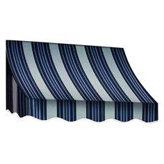 an awning with blue and white stripes on the outside, against a white background