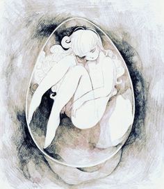 a drawing of a naked woman sitting in a glass bowl with bubbles around her body