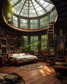an image of a bedroom that is in the middle of a bookcase and has a spiral staircase leading up to it