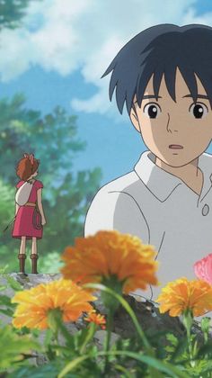 an anime character standing in front of some flowers with another person looking at him from the other side
