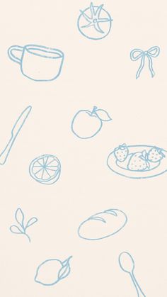 a drawing of food and utensils on a white background with blue inks