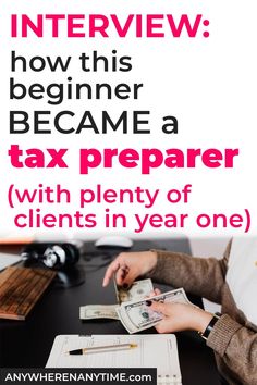 a woman sitting at a desk with money in her hand and the words, how this beginer become a tax preparer with plenty of client's in year one