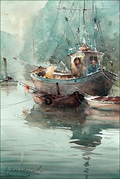 watercolor painting of two boats in the harbor