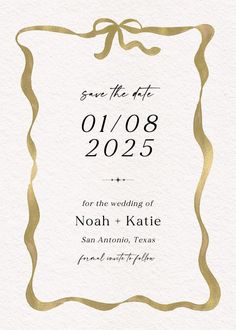 save the date card with gold foil on white paper and black ink, featuring an ornate frame