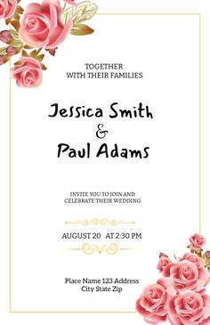 a wedding card with pink roses on it