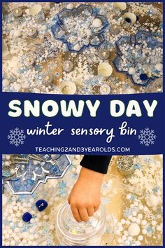 Put together a winter sensory table that involves lots of scooping and pouring, strengthening those little hands to get them ready for writing! #winter #snow #snowflakes #sensorybin #sensorytable #finemotor #snowmen #toddlers #preschool #teaching2and3yearolds Toddlers, Sensory Bins, Winter Sensory Bin, Sensory