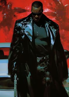 a painting of a man in a leather outfit and sunglasses standing next to a car
