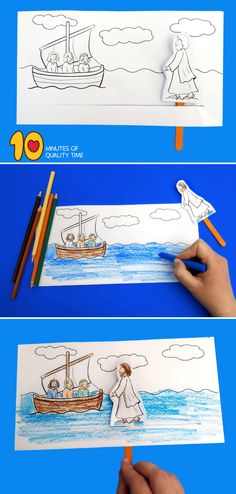 three different pictures showing how to draw a boat with colored pencils and crayons