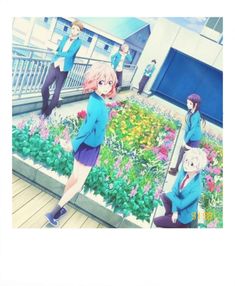 some anime characters are standing in front of flowers and plants on the ground, one is wearing a blue suit