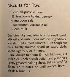 a recipe book with instructions on how to make biscuits for two