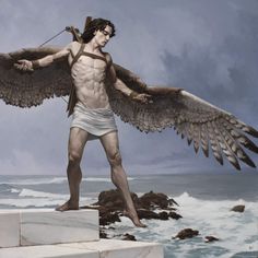 a painting of a man with large wings standing on a ledge next to the ocean