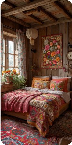 a bed sitting in a bedroom next to a window filled with curtains and flowers on top of it