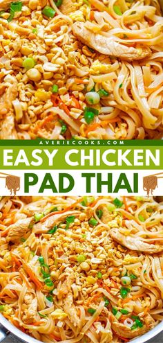 A gluten-free main dish! This easy chicken pad thai recipe is ready in just 20 minutes. With an authentic taste, this homemade pad thai is so much better than takeout. Plus, this chicken dinner idea feeds a crowd! Chicken Pad Thai, Thai Chicken Recipes, Easy Chicken Recipes, Chicken Dinner Recipes, Easy Thai Recipes, Asian Dishes