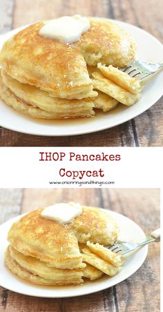 two pictures of pancakes with syrup on them
