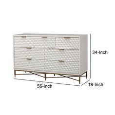 a white dresser with four drawers and measurements for the top drawer, bottom drawer and bottom drawer