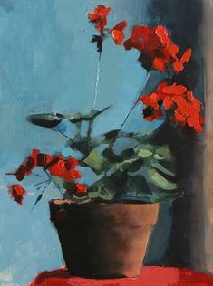 a painting of red flowers in a pot