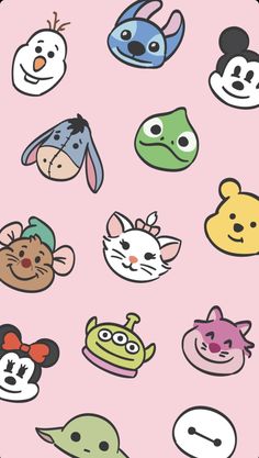 many different cartoon faces on a pink background