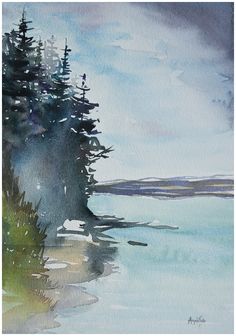 watercolor painting of trees on the edge of a lake