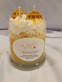 This 12oz Banana Nut Bread Candle is made with 100%s soy wax and is guaranteed to make your house smell like fresh baked banana nut bread. Dessert candles require a little extra care.  During initial lighting burn for 15- 20 minutes, let harden, trim wick, and relight when ready.  Do not burn candle for more than 2 hours at a time.