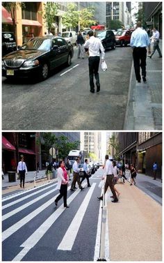 two pictures of people crossing the street in front of cars and pedestrians walking on the sidewalk
