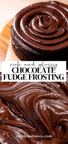 chocolate frosted fudge frosting on top of a wooden cutting board with text overlay