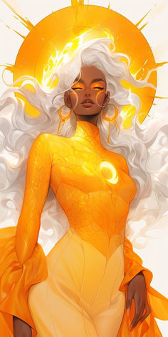 an illustration of a woman with white hair and yellow dress in front of the sun