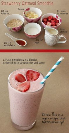 two pictures with strawberries, oatmeal and smoothie ingredients in them