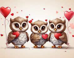three owls sitting next to each other with heart shaped balloons in front of their eyes