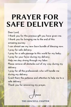 a prayer card with the words prayer for safe delivery