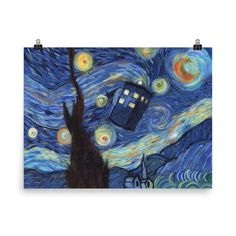 the starry night with a painting of a tardish and some buildings in it
