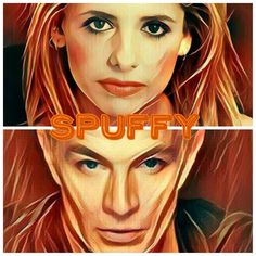 two pictures of people with the words spuffy on them and one has long red hair