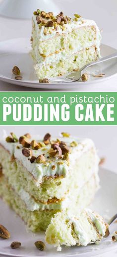 two pieces of pistachio pudding cake on white plates with green text that reads, coconut and pistachio pudding cake