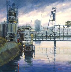an oil painting of a factory by the water