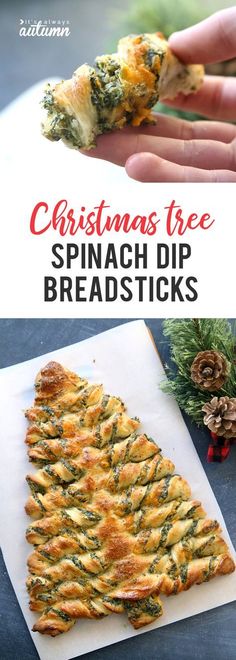 This was a hit! I even made it the night before.  I did double the amount of cream cheese (Greek if you can find it- so Jenni will eat it 😄). Breadsticks stuffed with spinach dip in the shape of a Christmas tree. Christmas Appetizers, Appetiser Recipes, Brioche